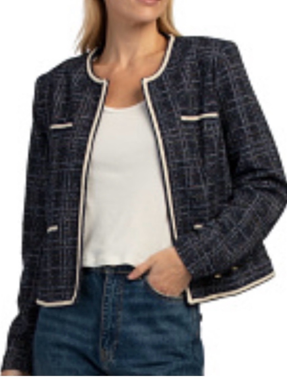 Nanette Lepore Navy Tweed Collarless Jacket with Cream Trim - Picture 2 of 4
